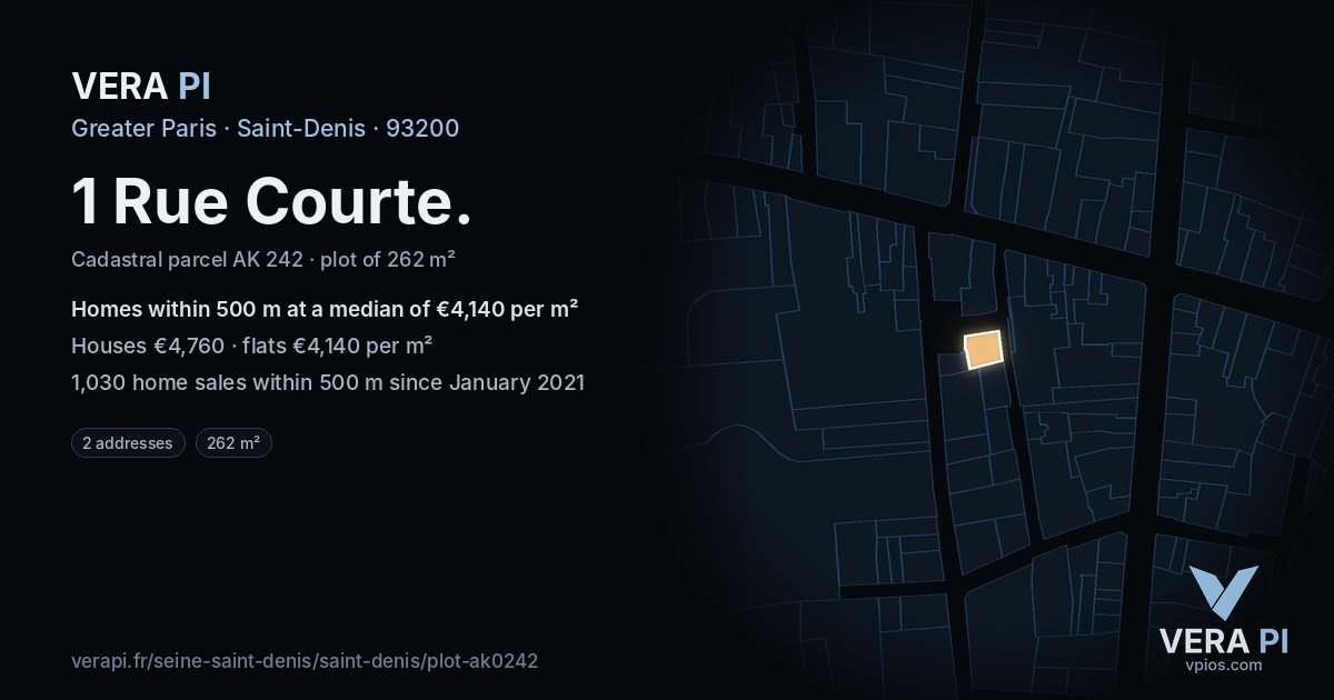 1 Rue Courte, Saint-Denis at night – the plot lit, the parcels around coloured by the prices near them
