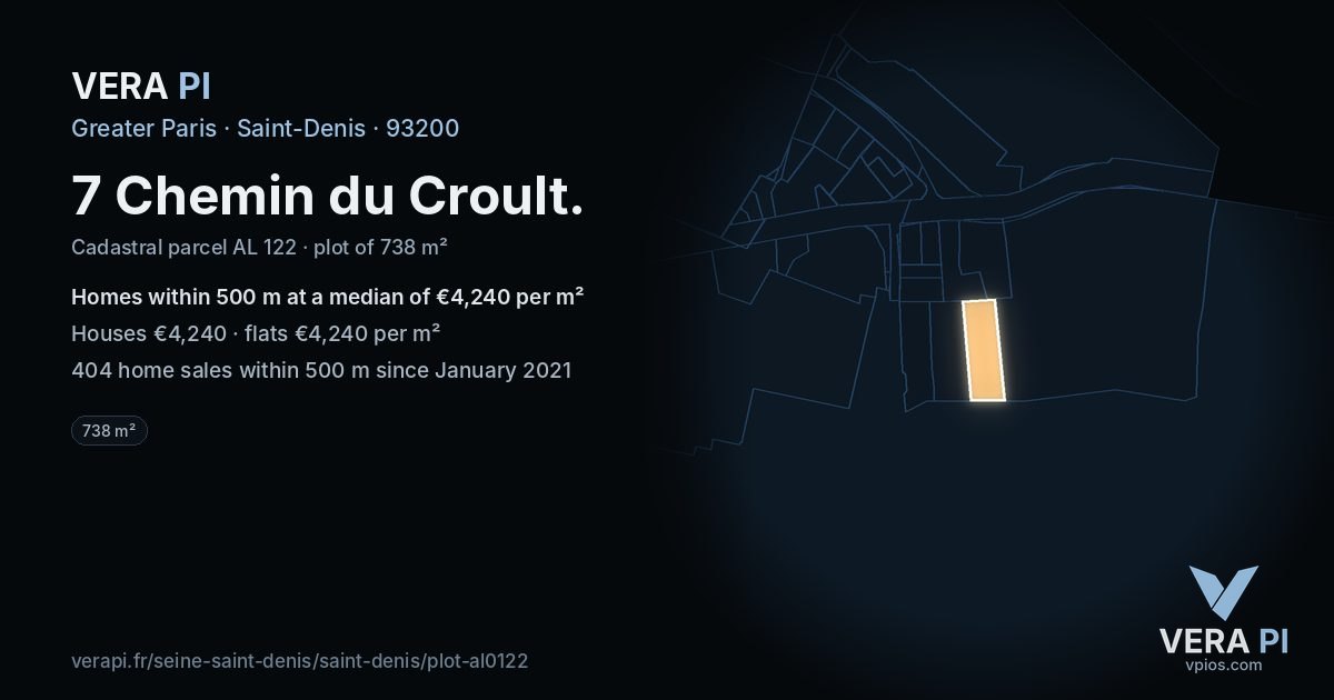 7 Chemin du Croult, Saint-Denis at night – the plot lit, the parcels around coloured by the prices near them