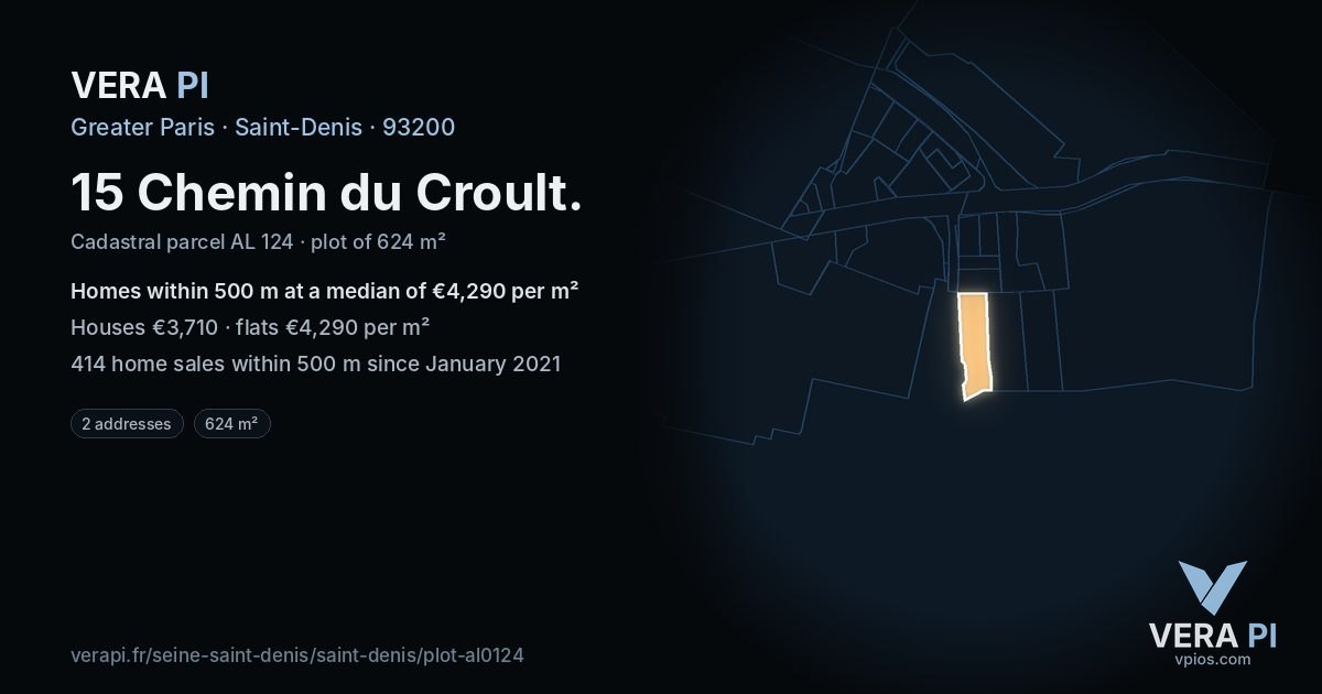 15 Chemin du Croult, Saint-Denis at night – the plot lit, the parcels around coloured by the prices near them