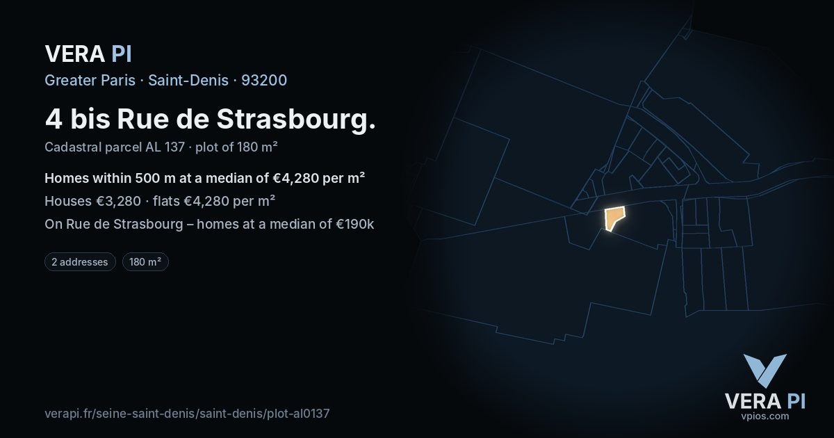 4 bis Rue de Strasbourg, Saint-Denis at night – the plot lit, the parcels around coloured by the prices near them