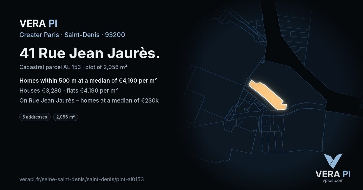41 Rue Jean Jaurès, Saint-Denis at night – the plot lit, the parcels around coloured by the prices near them