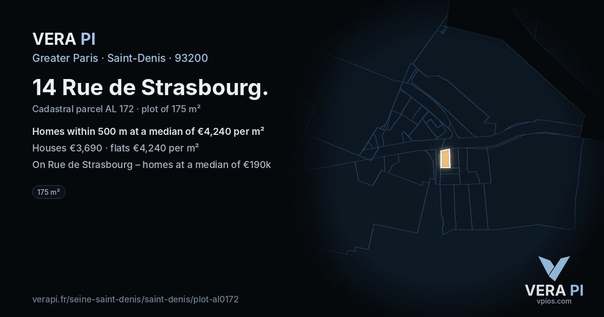 14 Rue de Strasbourg, Saint-Denis at night – the plot lit, the parcels around coloured by the prices near them