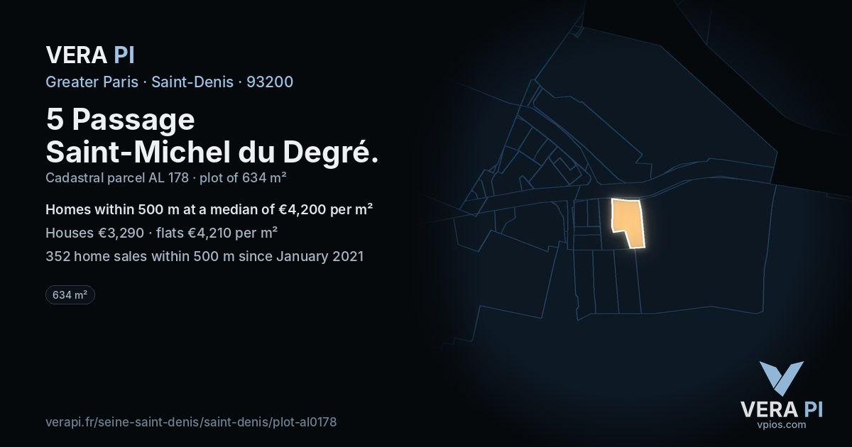 5 Passage Saint-Michel du Degré, Saint-Denis at night – the plot lit, the parcels around coloured by the prices near them