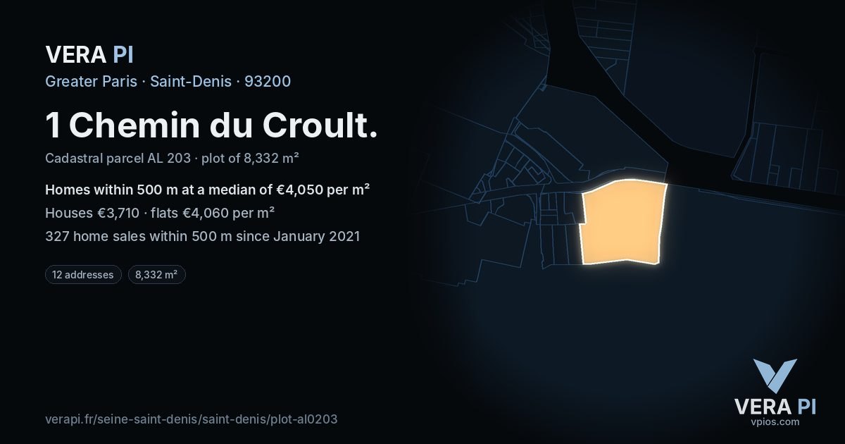 1 Chemin du Croult, Saint-Denis at night – the plot lit, the parcels around coloured by the prices near them