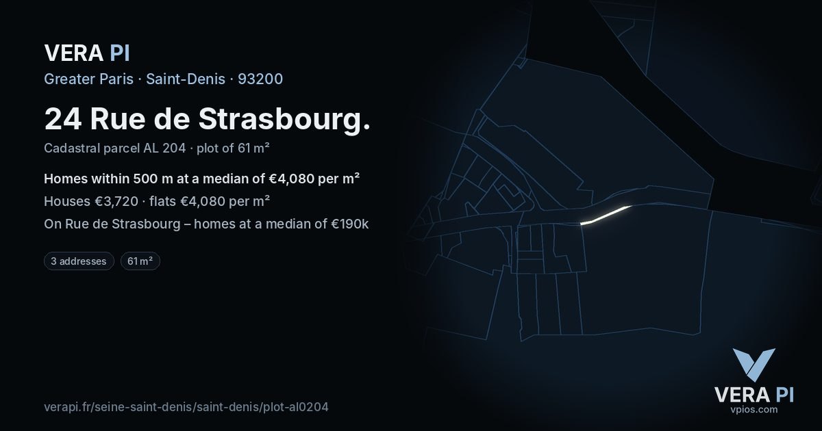24 Rue de Strasbourg, Saint-Denis at night – the plot lit, the parcels around coloured by the prices near them
