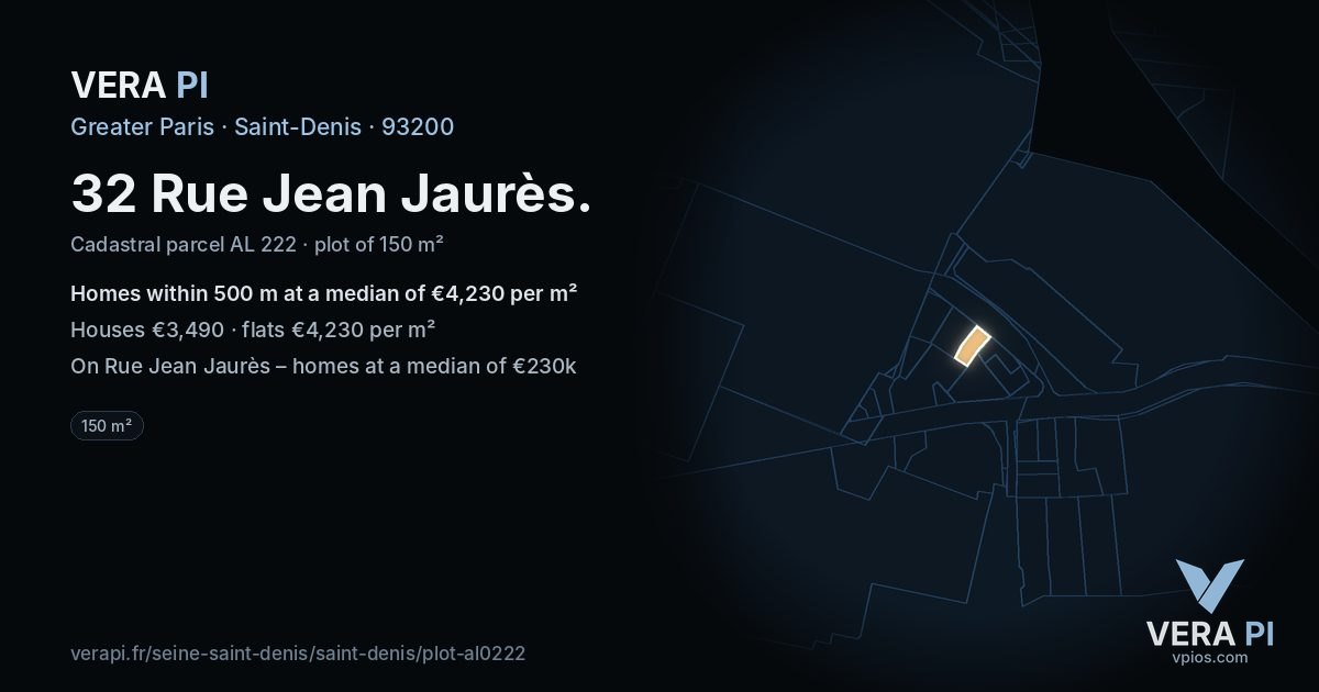 32 Rue Jean Jaurès, Saint-Denis at night – the plot lit, the parcels around coloured by the prices near them