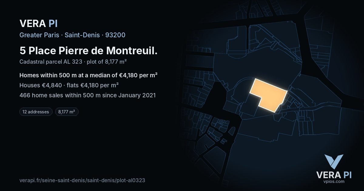 5 Place Pierre de Montreuil, Saint-Denis at night – the plot lit, the parcels around coloured by the prices near them