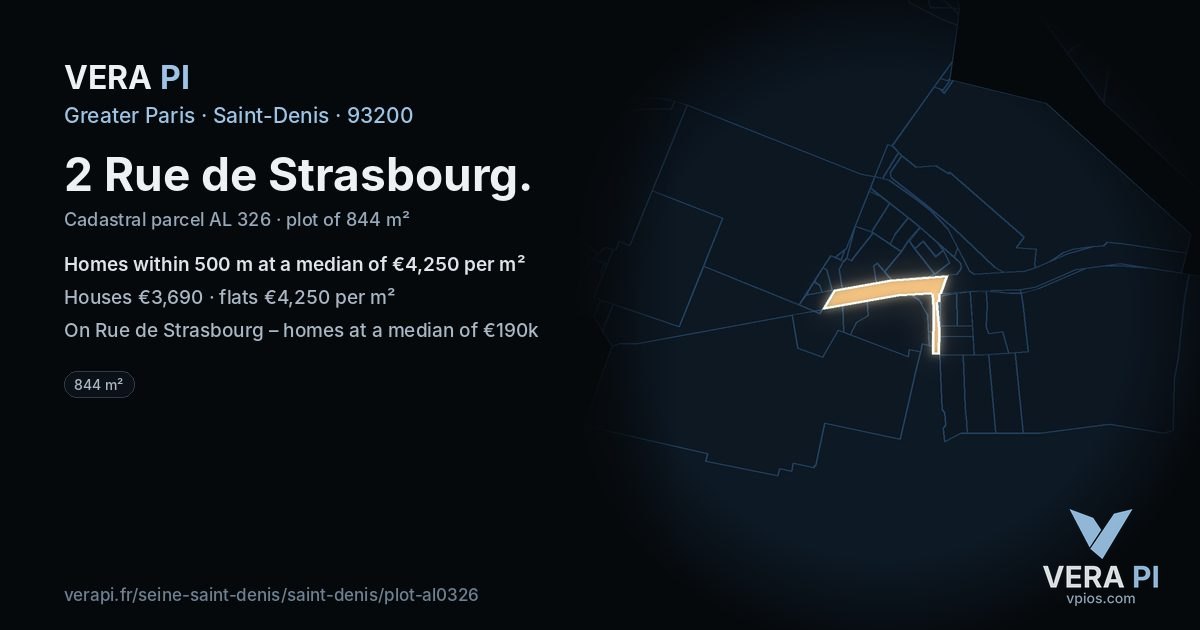2 Rue de Strasbourg, Saint-Denis at night – the plot lit, the parcels around coloured by the prices near them