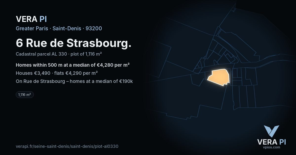 6 Rue de Strasbourg, Saint-Denis at night – the plot lit, the parcels around coloured by the prices near them