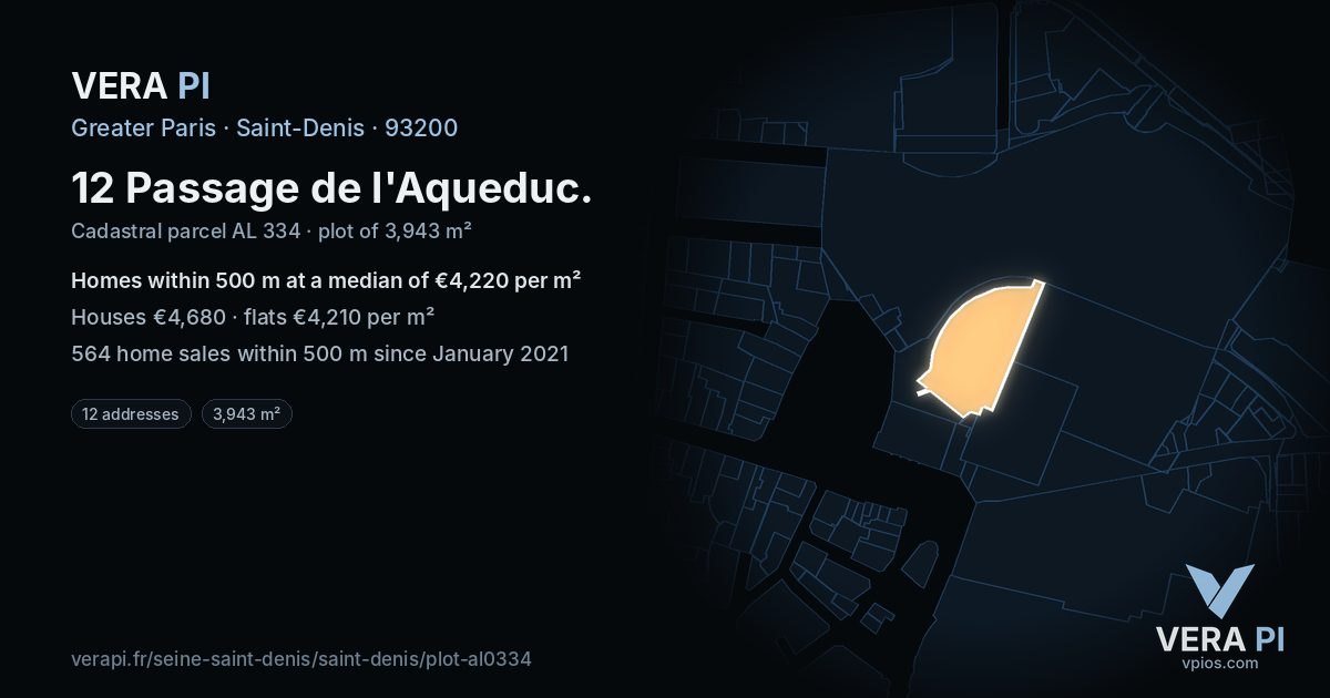 12 Passage de l'Aqueduc, Saint-Denis at night – the plot lit, the parcels around coloured by the prices near them