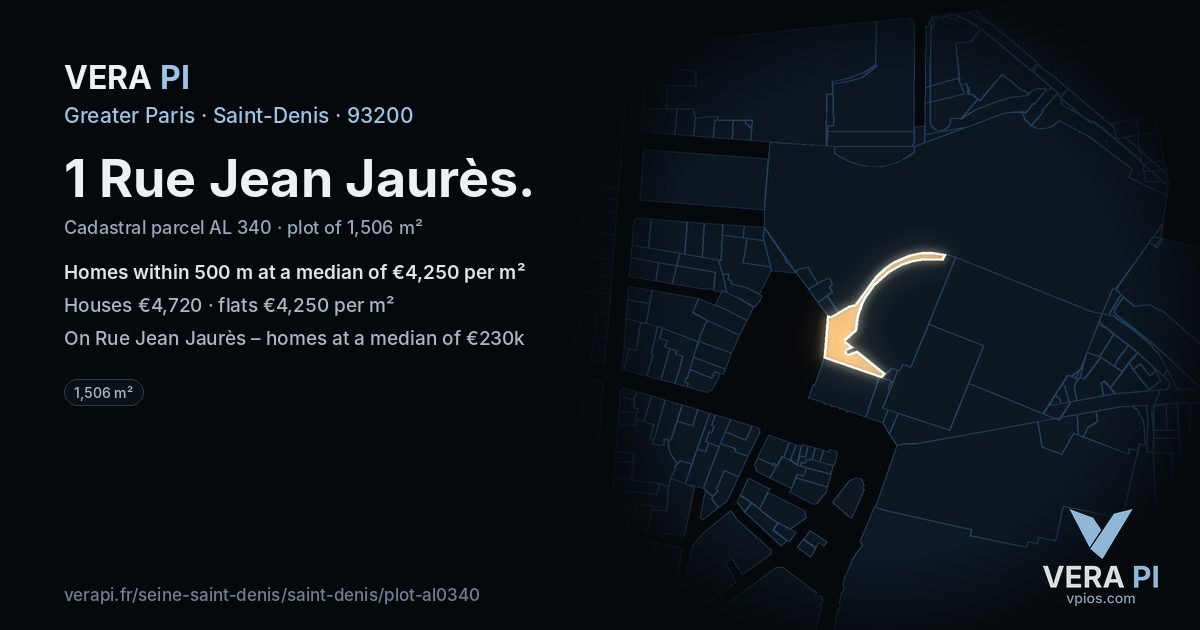 1 Rue Jean Jaurès, Saint-Denis at night – the plot lit, the parcels around coloured by the prices near them
