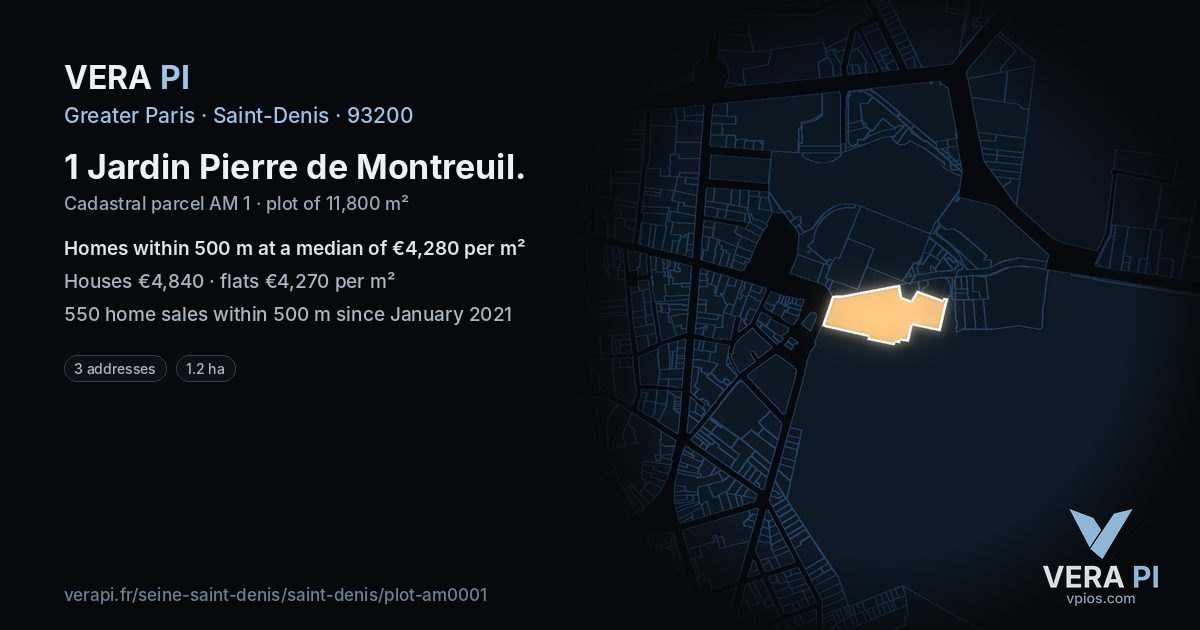 1 Jardin Pierre de Montreuil, Saint-Denis at night – the plot lit, the parcels around coloured by the prices near them