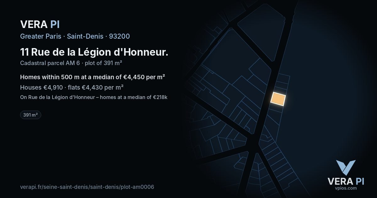 11 Rue de la Légion d'Honneur, Saint-Denis at night – the plot lit, the parcels around coloured by the prices near them