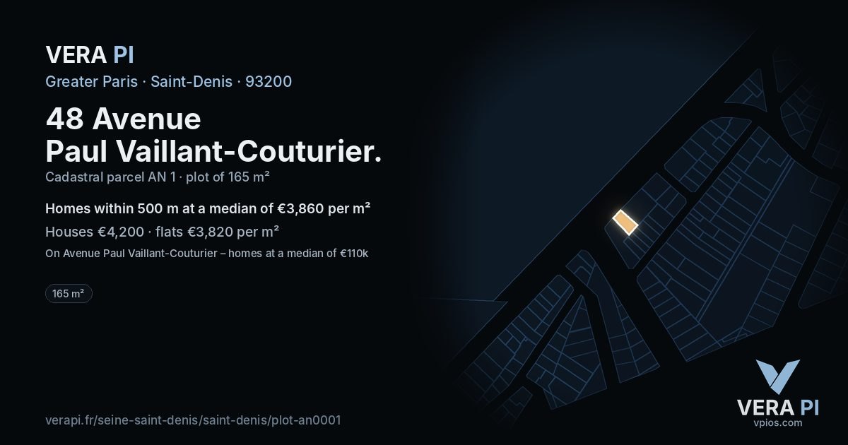 48 Avenue Paul Vaillant-Couturier, Saint-Denis at night – the plot lit, the parcels around coloured by the prices near them