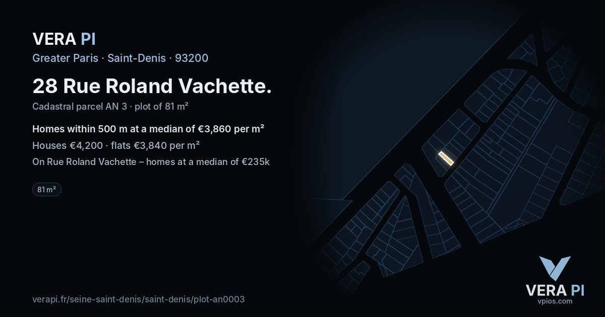 28 Rue Roland Vachette, Saint-Denis at night – the plot lit, the parcels around coloured by the prices near them