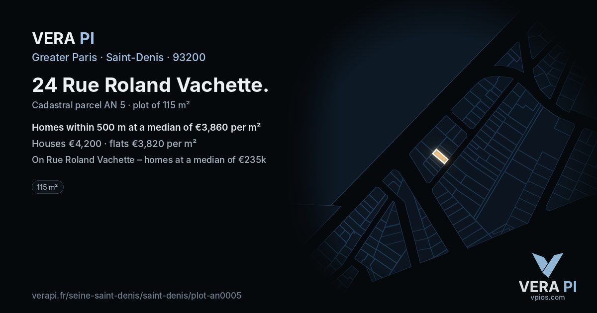 24 Rue Roland Vachette, Saint-Denis at night – the plot lit, the parcels around coloured by the prices near them