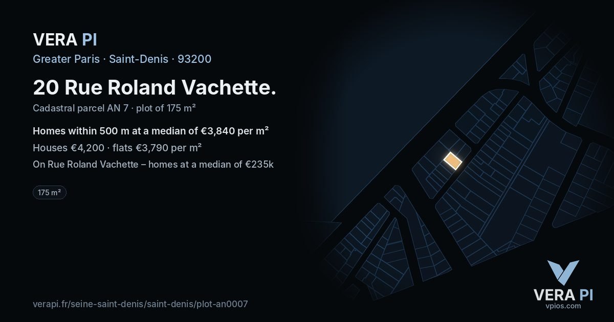 20 Rue Roland Vachette, Saint-Denis at night – the plot lit, the parcels around coloured by the prices near them