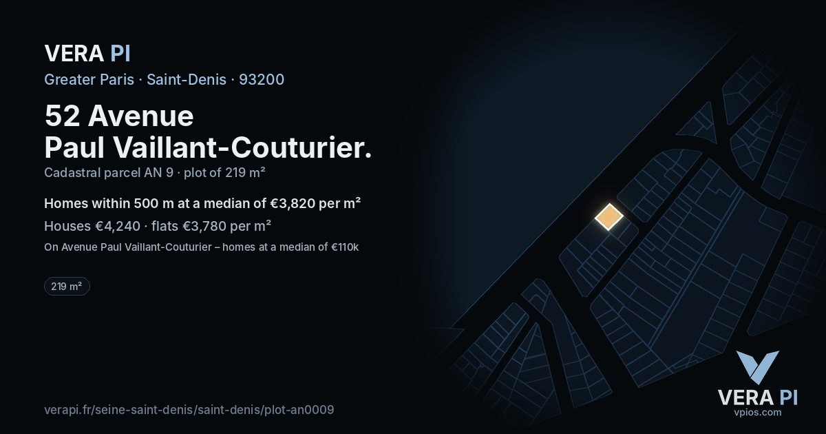 52 Avenue Paul Vaillant-Couturier, Saint-Denis at night – the plot lit, the parcels around coloured by the prices near them