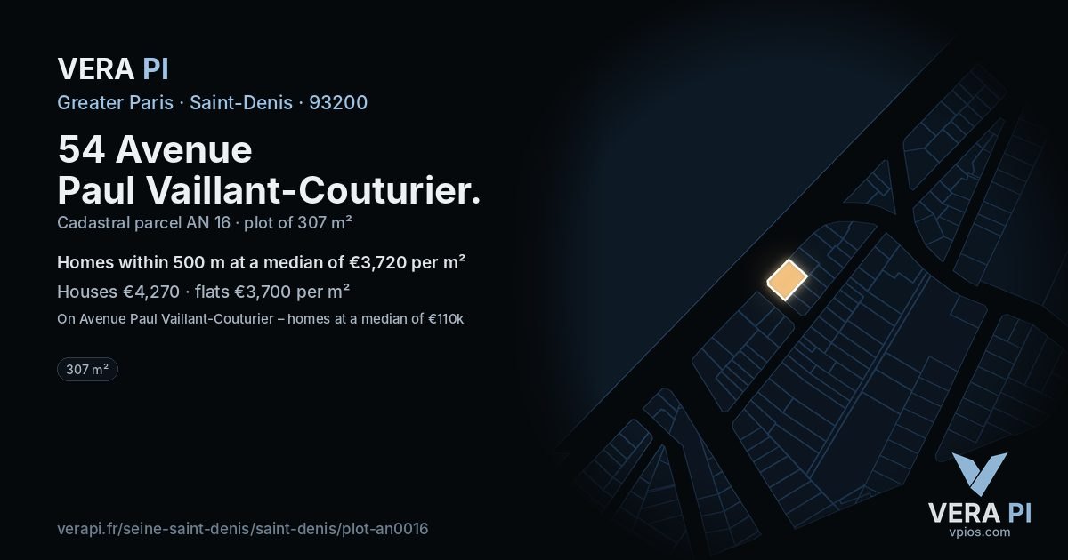 54 Avenue Paul Vaillant-Couturier, Saint-Denis at night – the plot lit, the parcels around coloured by the prices near them
