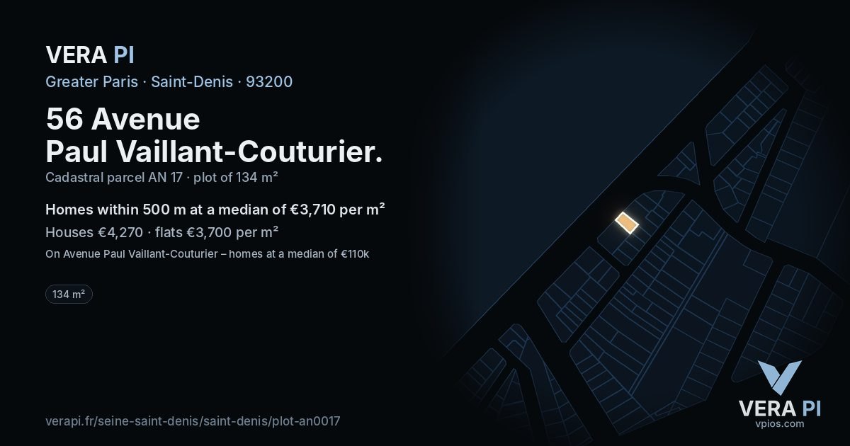 56 Avenue Paul Vaillant-Couturier, Saint-Denis at night – the plot lit, the parcels around coloured by the prices near them