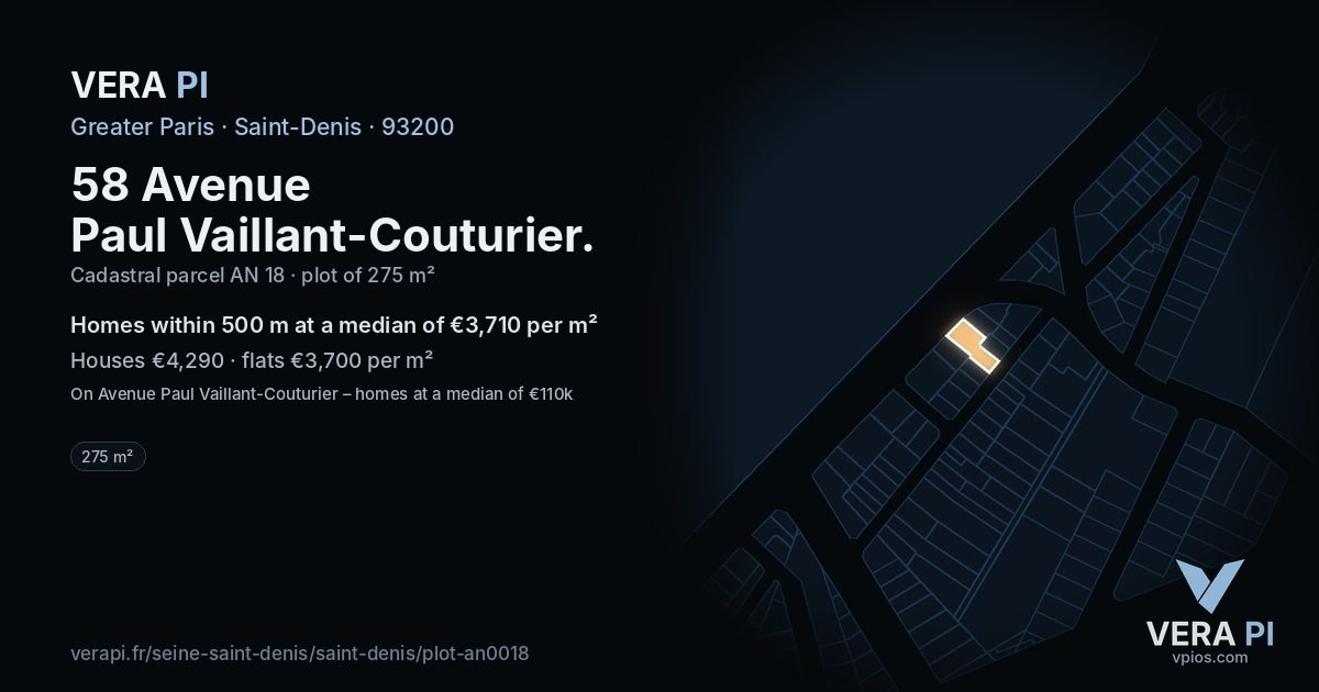 58 Avenue Paul Vaillant-Couturier, Saint-Denis at night – the plot lit, the parcels around coloured by the prices near them