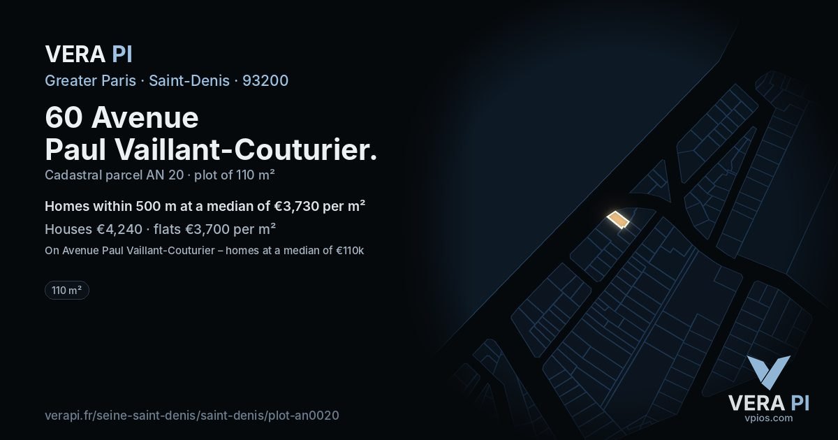60 Avenue Paul Vaillant-Couturier, Saint-Denis at night – the plot lit, the parcels around coloured by the prices near them