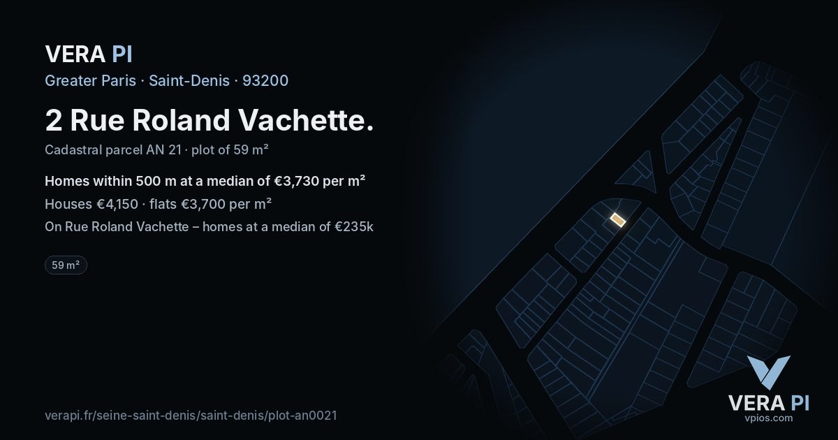 2 Rue Roland Vachette, Saint-Denis at night – the plot lit, the parcels around coloured by the prices near them