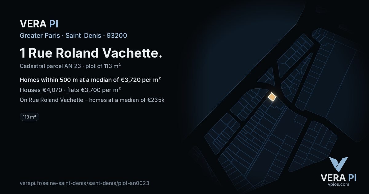 1 Rue Roland Vachette, Saint-Denis at night – the plot lit, the parcels around coloured by the prices near them