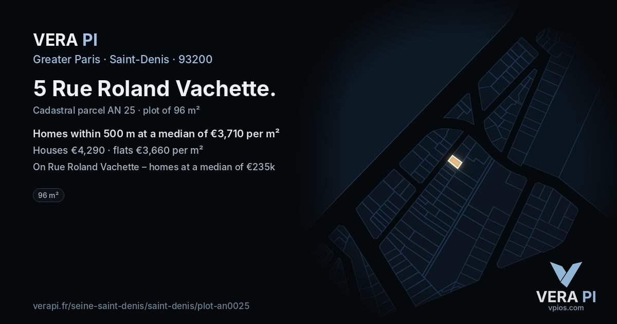 5 Rue Roland Vachette, Saint-Denis at night – the plot lit, the parcels around coloured by the prices near them