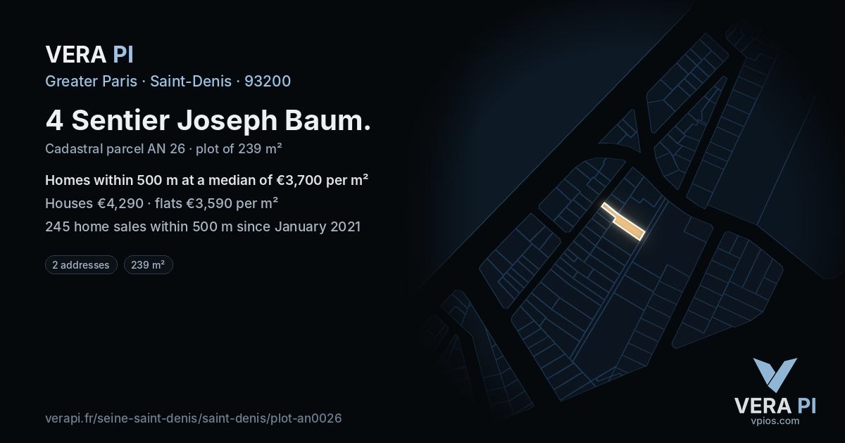 4 Sentier Joseph Baum, Saint-Denis at night – the plot lit, the parcels around coloured by the prices near them