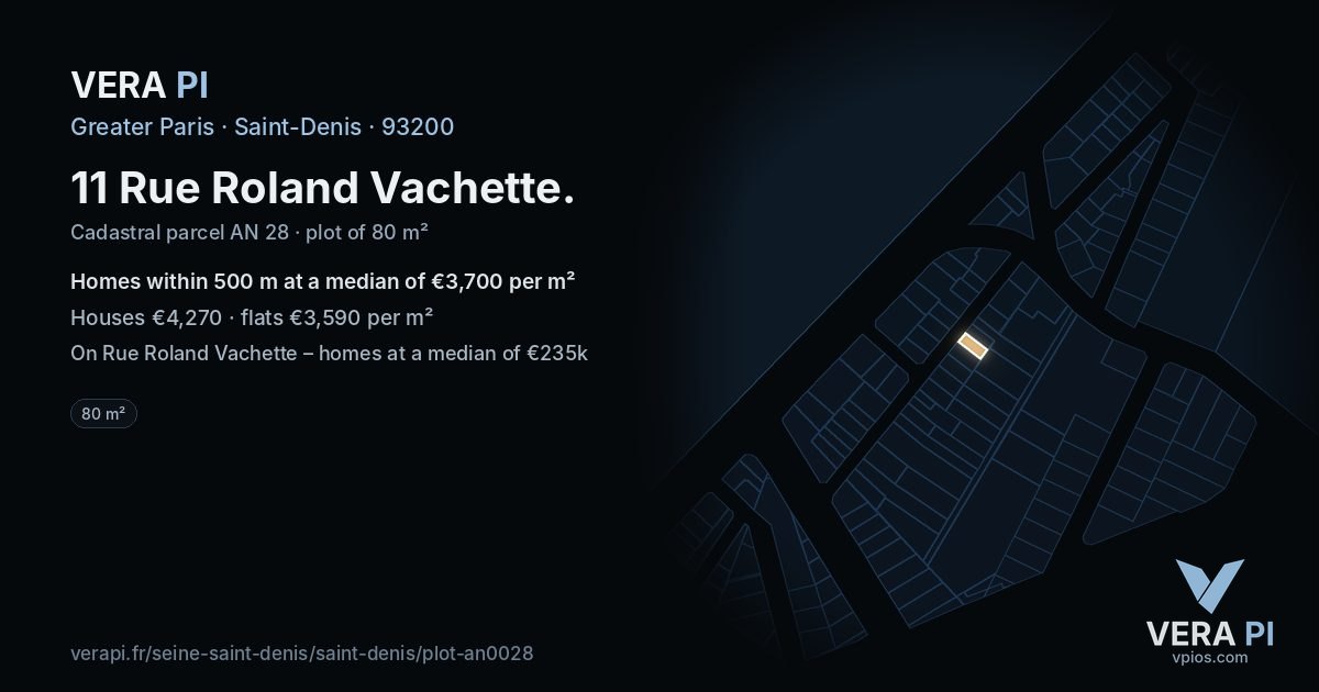 11 Rue Roland Vachette, Saint-Denis at night – the plot lit, the parcels around coloured by the prices near them