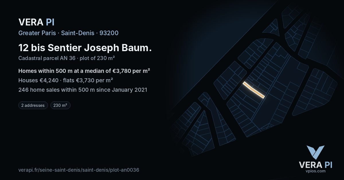 12 bis Sentier Joseph Baum, Saint-Denis at night – the plot lit, the parcels around coloured by the prices near them