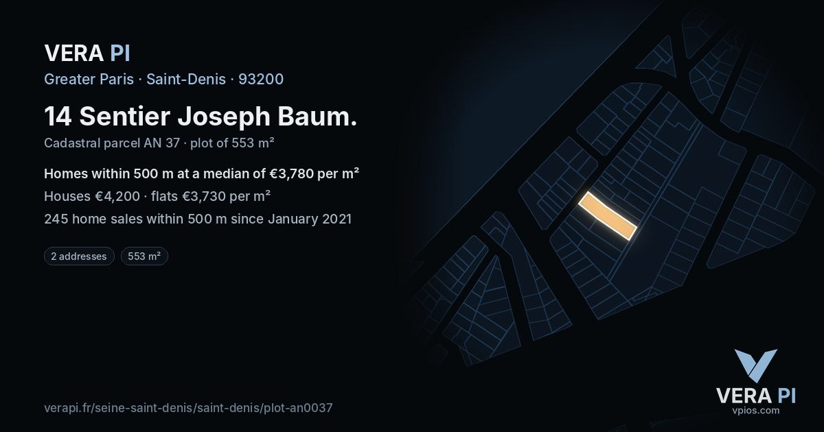 14 Sentier Joseph Baum, Saint-Denis at night – the plot lit, the parcels around coloured by the prices near them
