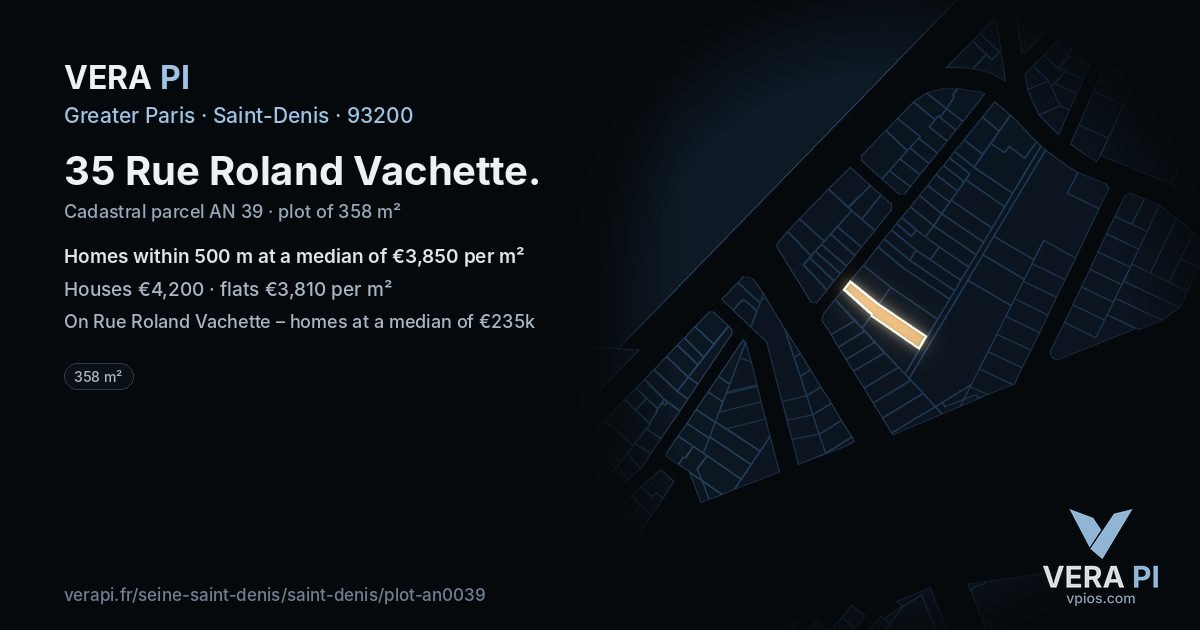 35 Rue Roland Vachette, Saint-Denis at night – the plot lit, the parcels around coloured by the prices near them