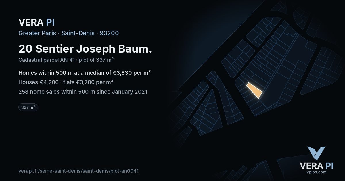 20 Sentier Joseph Baum, Saint-Denis at night – the plot lit, the parcels around coloured by the prices near them