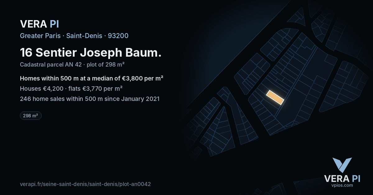 16 Sentier Joseph Baum, Saint-Denis at night – the plot lit, the parcels around coloured by the prices near them