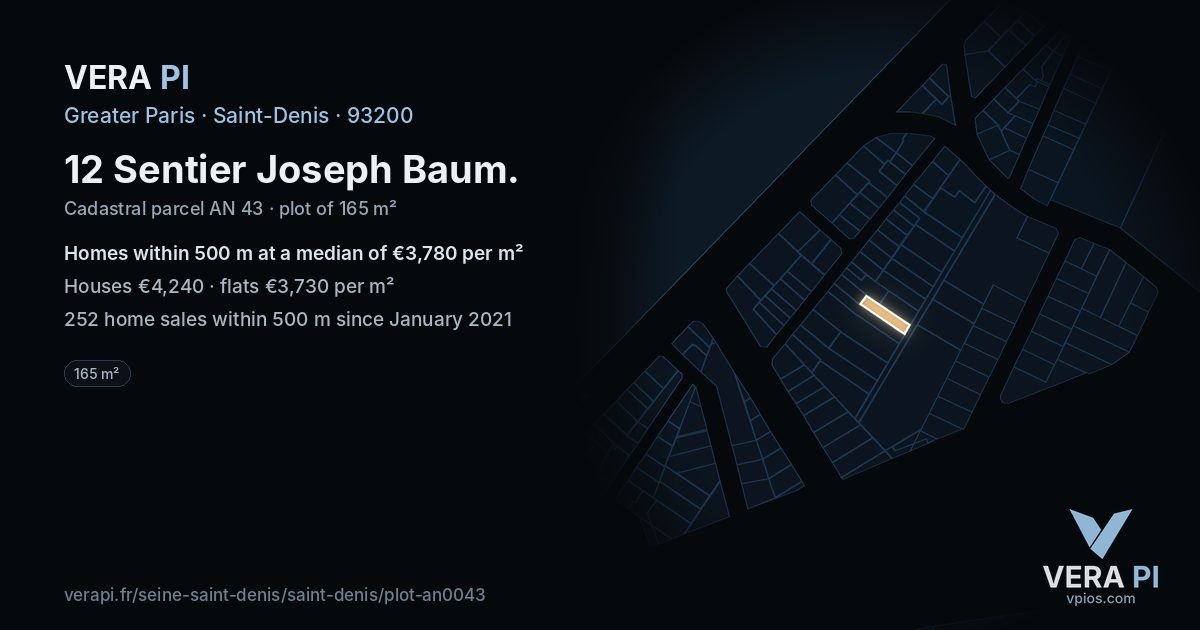 12 Sentier Joseph Baum, Saint-Denis at night – the plot lit, the parcels around coloured by the prices near them