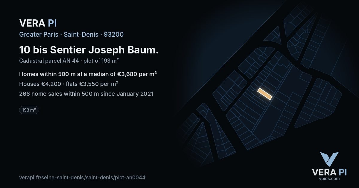 10 bis Sentier Joseph Baum, Saint-Denis at night – the plot lit, the parcels around coloured by the prices near them