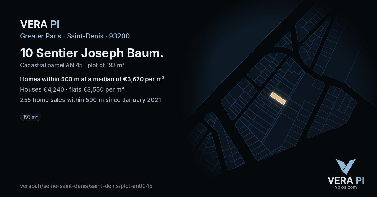 10 Sentier Joseph Baum, Saint-Denis at night – the plot lit, the parcels around coloured by the prices near them