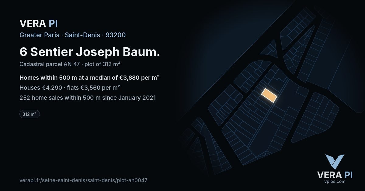 6 Sentier Joseph Baum, Saint-Denis at night – the plot lit, the parcels around coloured by the prices near them