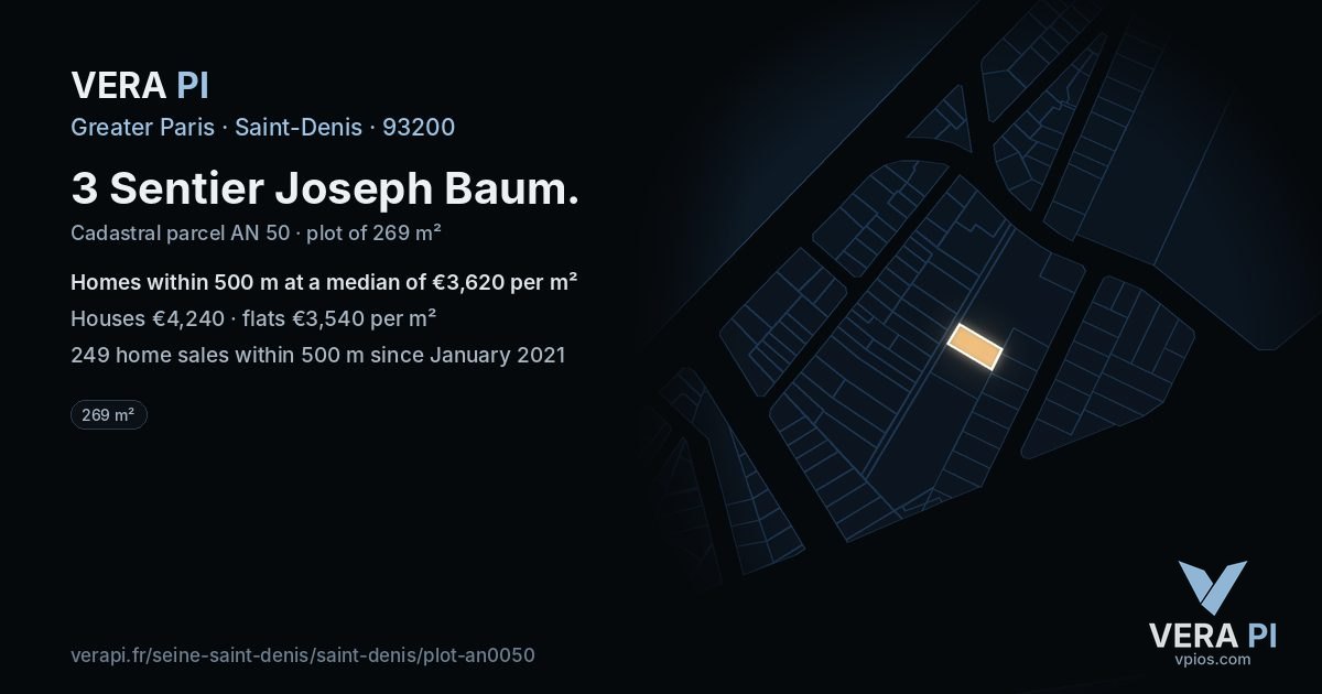 3 Sentier Joseph Baum, Saint-Denis at night – the plot lit, the parcels around coloured by the prices near them