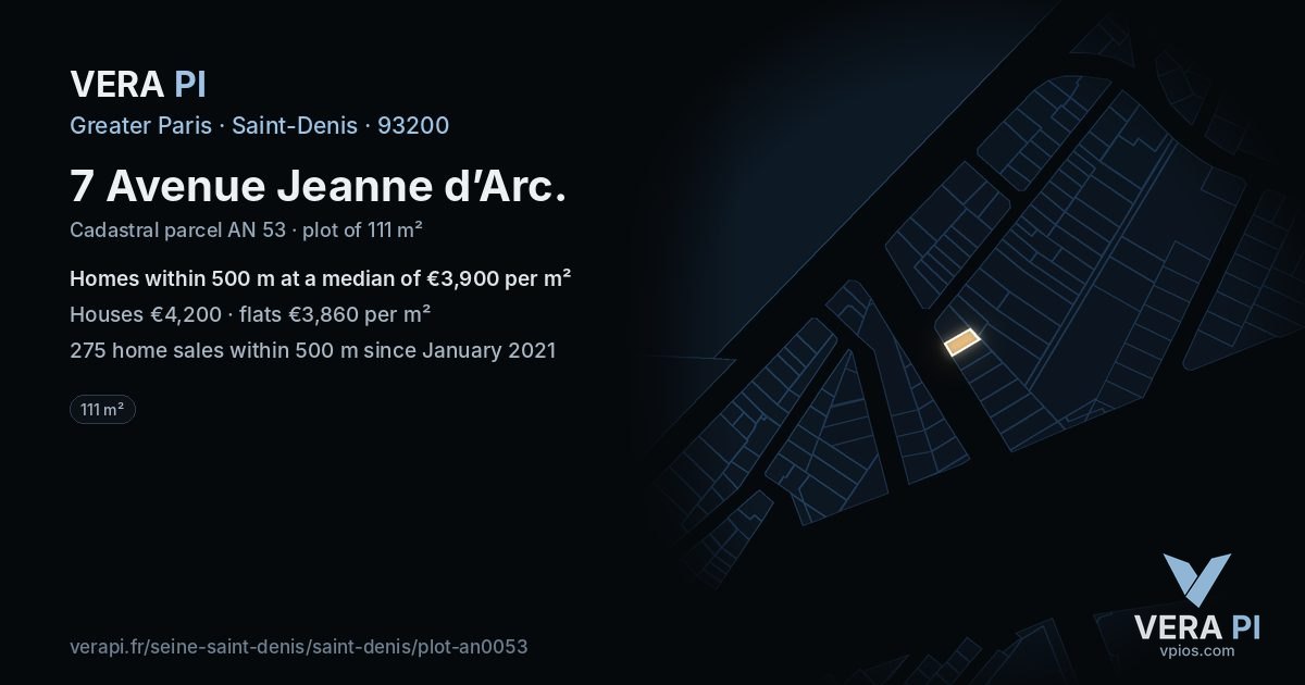 7 Avenue Jeanne d’Arc, Saint-Denis at night – the plot lit, the parcels around coloured by the prices near them