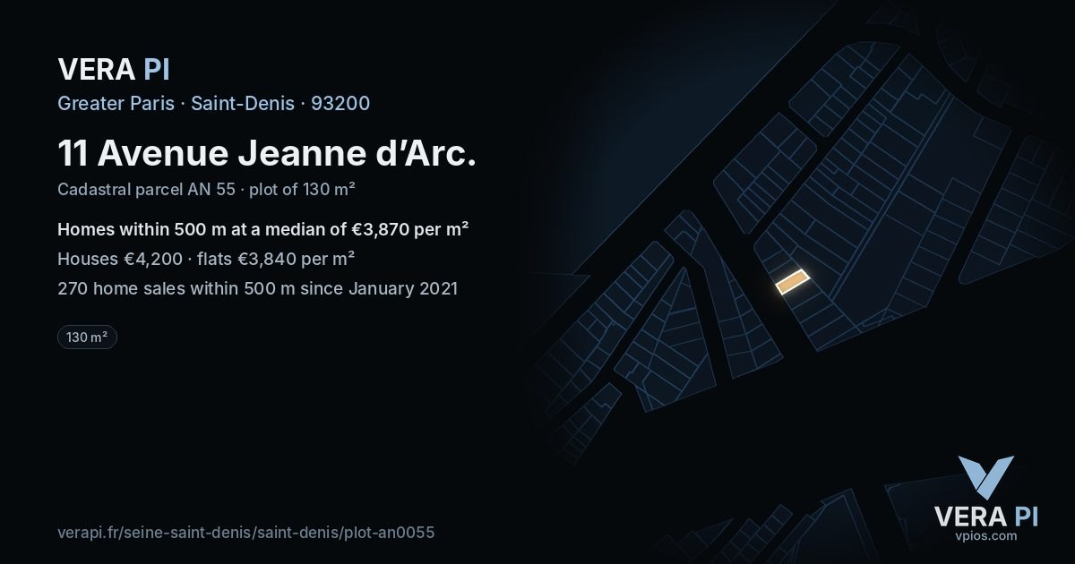 11 Avenue Jeanne d’Arc, Saint-Denis at night – the plot lit, the parcels around coloured by the prices near them