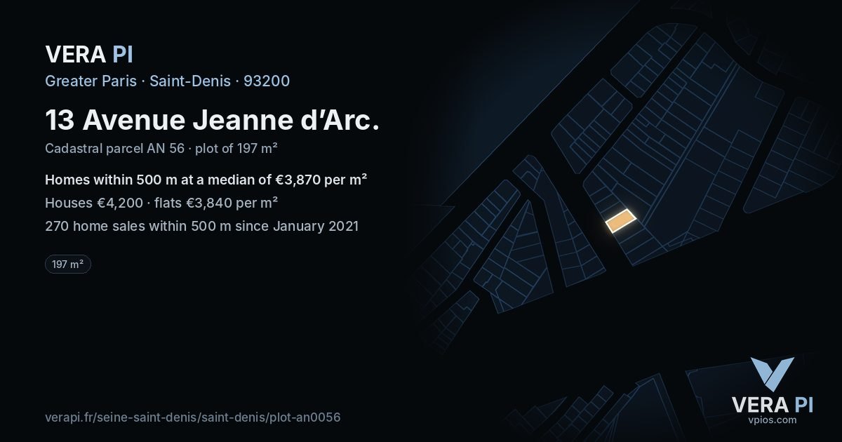 13 Avenue Jeanne d’Arc, Saint-Denis at night – the plot lit, the parcels around coloured by the prices near them