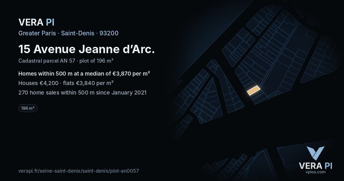 15 Avenue Jeanne d’Arc, Saint-Denis at night – the plot lit, the parcels around coloured by the prices near them