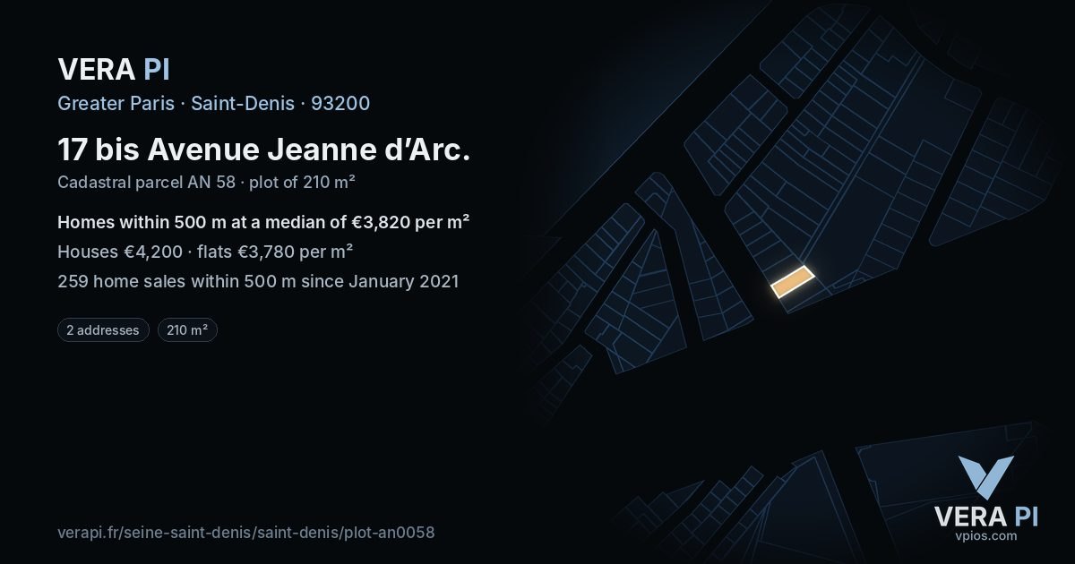 17 bis Avenue Jeanne d’Arc, Saint-Denis at night – the plot lit, the parcels around coloured by the prices near them