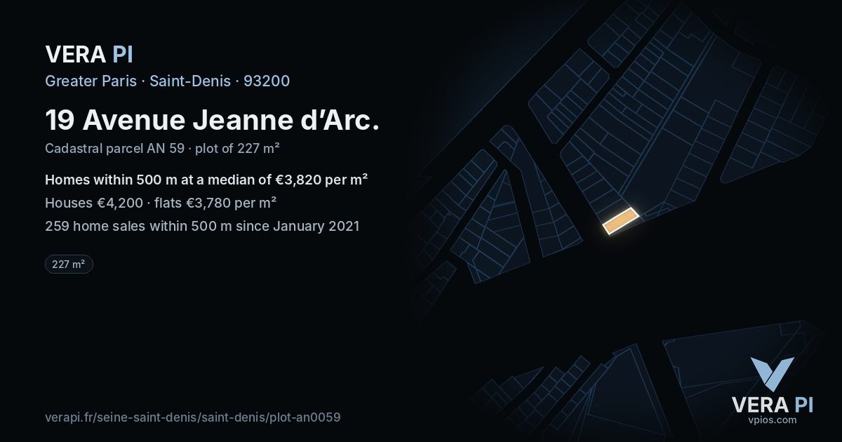 19 Avenue Jeanne d’Arc, Saint-Denis at night – the plot lit, the parcels around coloured by the prices near them