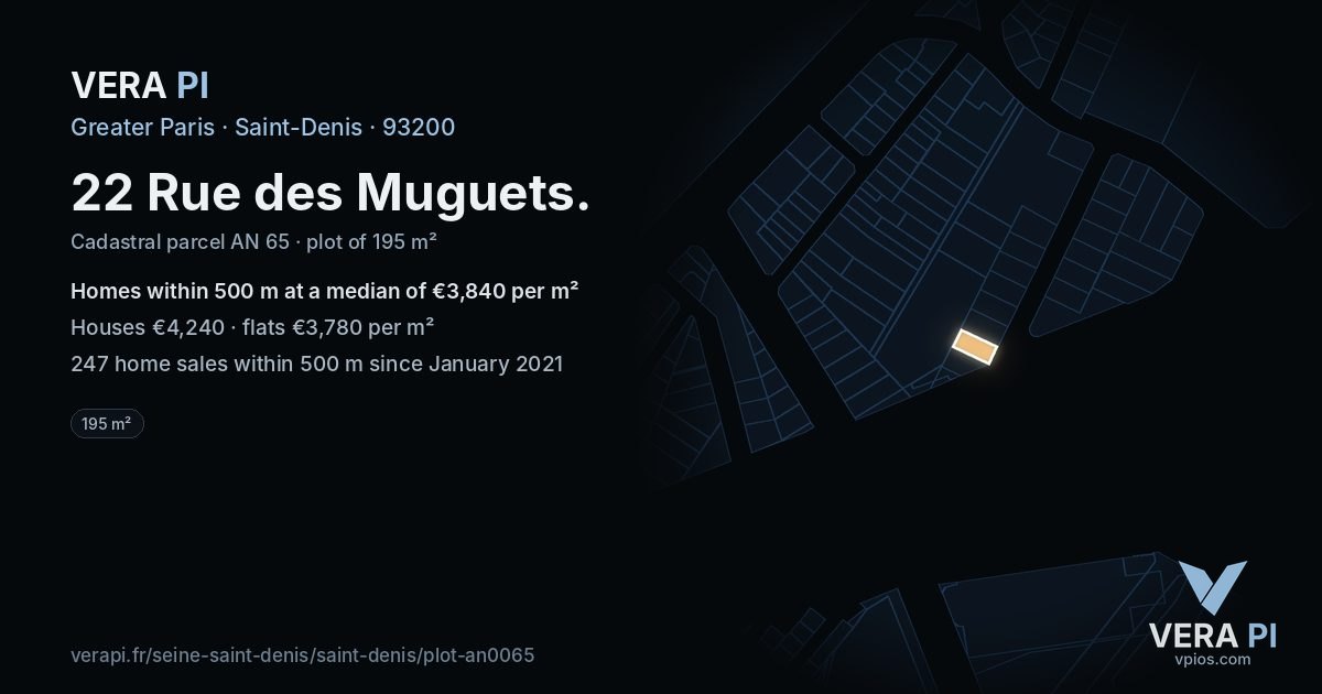 22 Rue des Muguets, Saint-Denis at night – the plot lit, the parcels around coloured by the prices near them