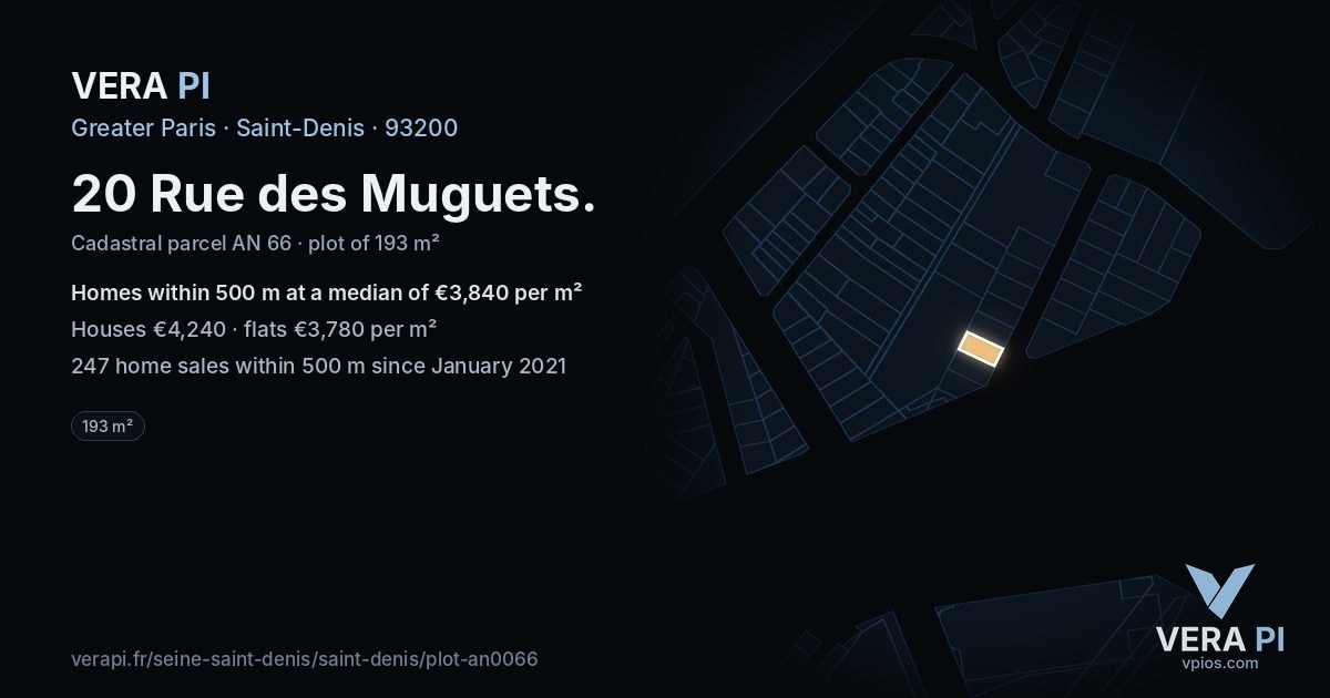 20 Rue des Muguets, Saint-Denis at night – the plot lit, the parcels around coloured by the prices near them