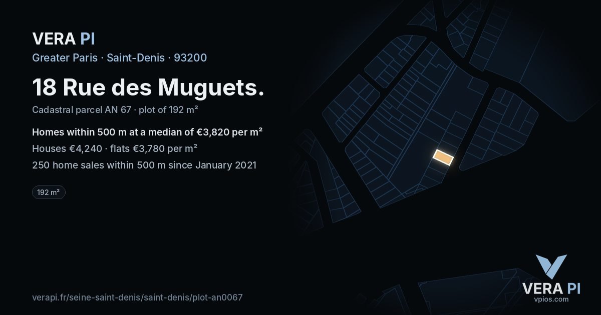18 Rue des Muguets, Saint-Denis at night – the plot lit, the parcels around coloured by the prices near them